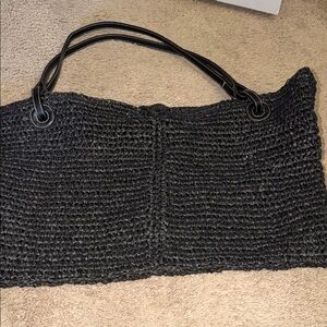 Zaras NWNT  Black Woven Straw Tote Bag with Leather Handles